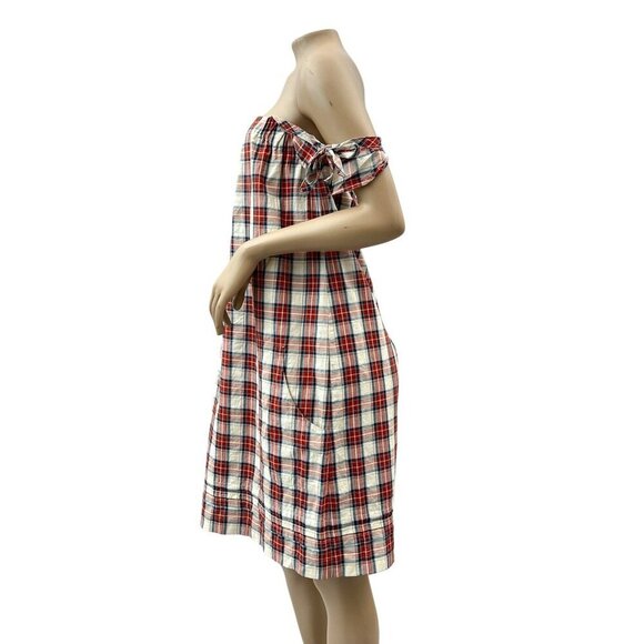 A.P.C. Off-Shoulder Plaid Midi Sheath Dress Bow Tie Details Linen Blend Womens M - Picture 4 of 11